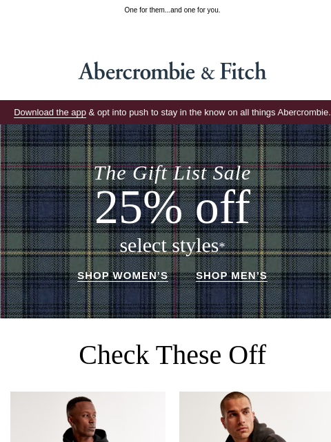 abercrombie newsletter: Get gifting with 25% OFF.