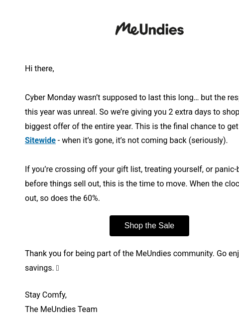 meundies newsletter: Cyber Monday update 💜