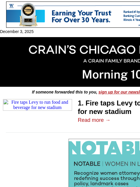 crainalerts newsletter: Chicago Fire hires a heavy for stadium concessions