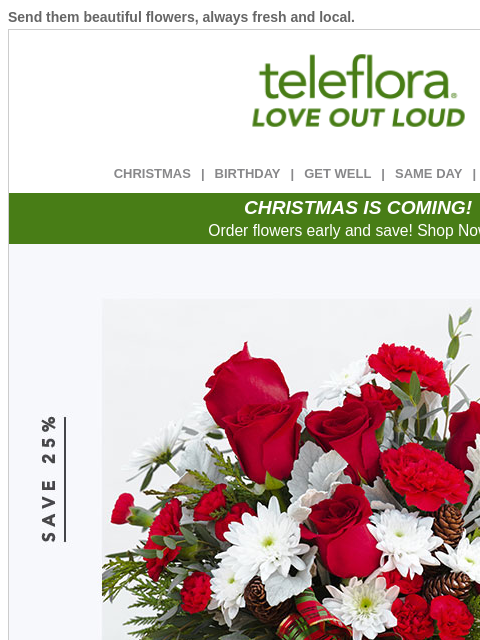 teleflora newsletter: Send Holiday Cheer ❤️ 25% Off Christmas Flowers