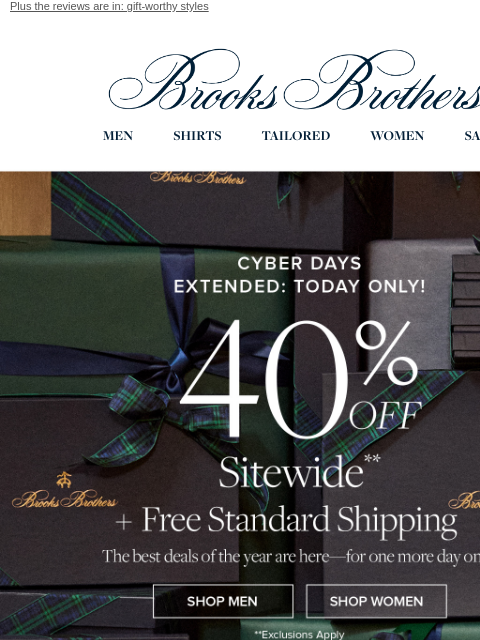 brooksbrothers newsletter: 40% off + FREE shipping extended until midnight