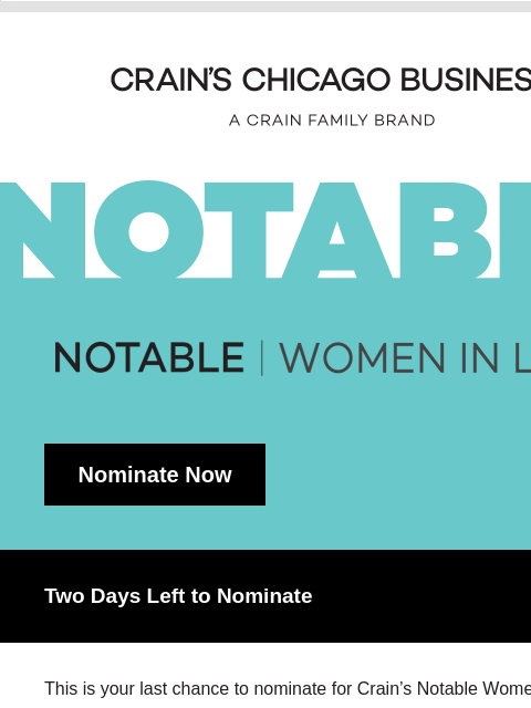 crainalerts newsletter: [Last Chance] Women in Law Nominations Close Frida...