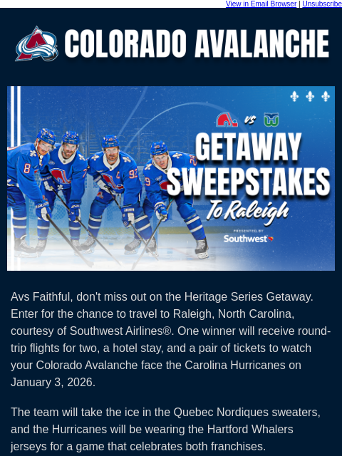 thecoloradoavalanche newsletter: ⛰️Your Chance at a Heritage Series Trip for Two