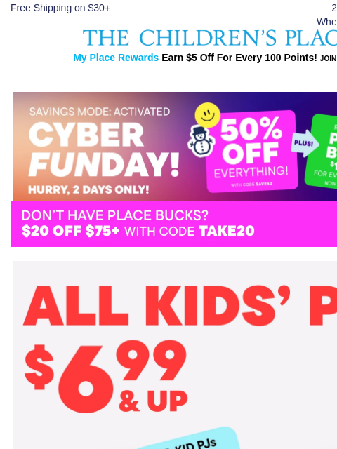 childrensplace newsletter: Selling FAST! All Kids PJs Now $6.99 & Up