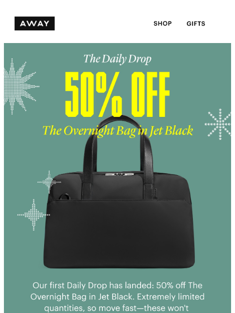 awaytravel newsletter: DAILY DROP: 50% off The Overnight Bag