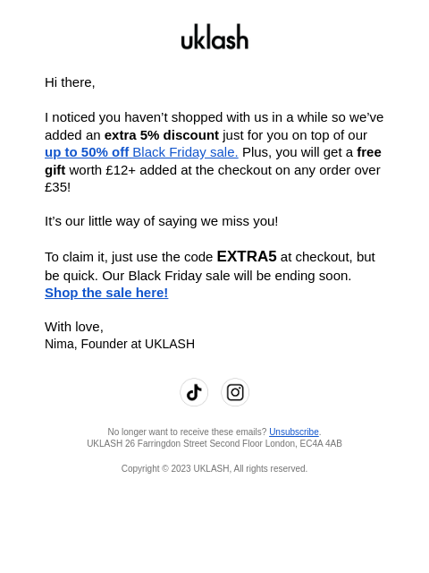 uklash newsletter: Your EXTRA 5% Off + Up to 50% OFF is still here 💝