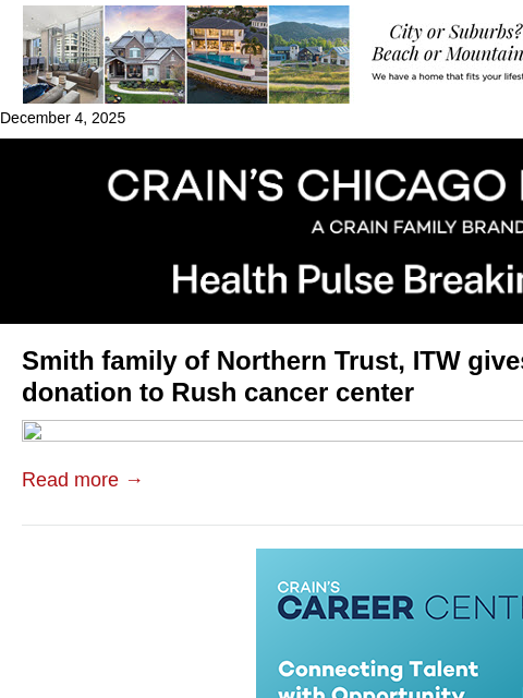 crainalerts newsletter: Rush cancer centers get record donation