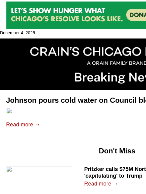 crainalerts newsletter: Johnson rejects much of budget overhaul
