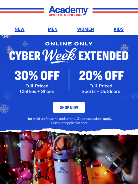 academy newsletter: EXTENDED! 30% OFF Clothes + Shoes | 20% OFF Sports...