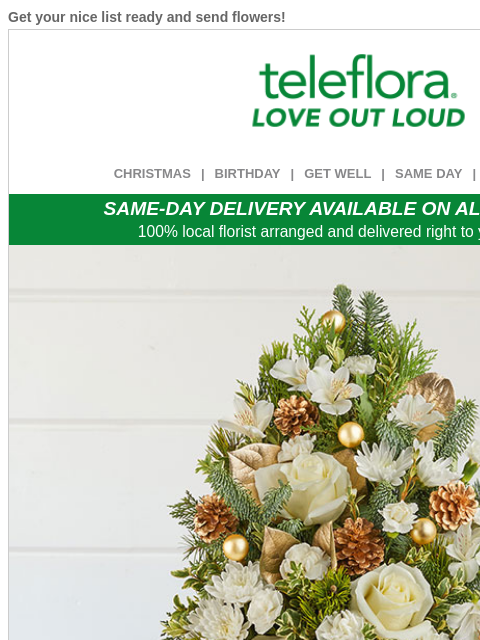 Get your nice list ready and send flowers! View in browser ‌ teleflora CHRISTMAS | BIRTHDAY | GET WELL | SAME DAY | DEAL OF THE DAY SAME-DAY DELIVERY AVAILABLE ON ALL BOUQUETS! 100% local florist