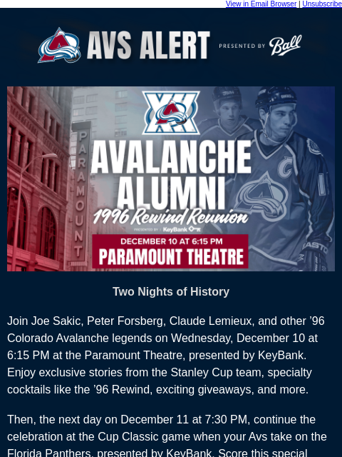 thecoloradoavalanche newsletter: 🏔️Relive ’96 with Avs Legends