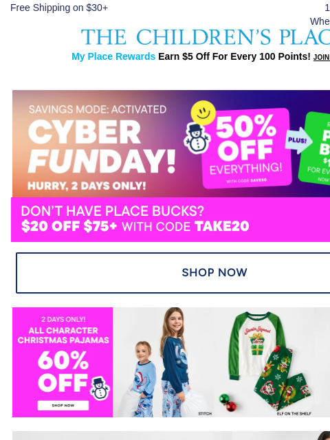 childrensplace newsletter: ⏰Final Hours! 60% off Character PJs + $20 off!