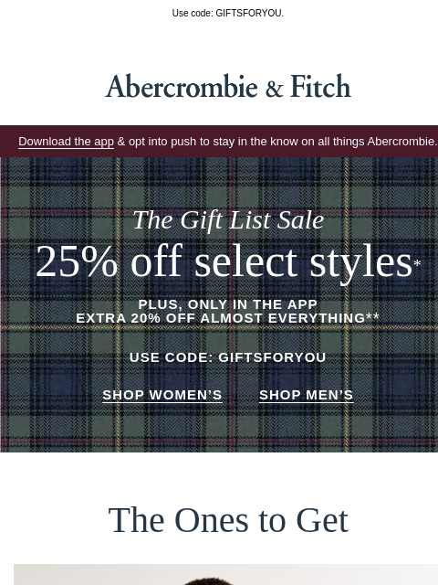 abercrombie newsletter: Extra 20% OFF in the app starts now.