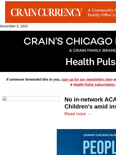 crainalerts newsletter: No in-network ACA plans for Lurie