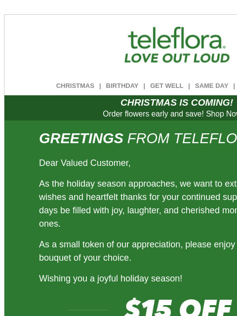 teleflora newsletter: Special Thank You from Teleflora - $15 on us!