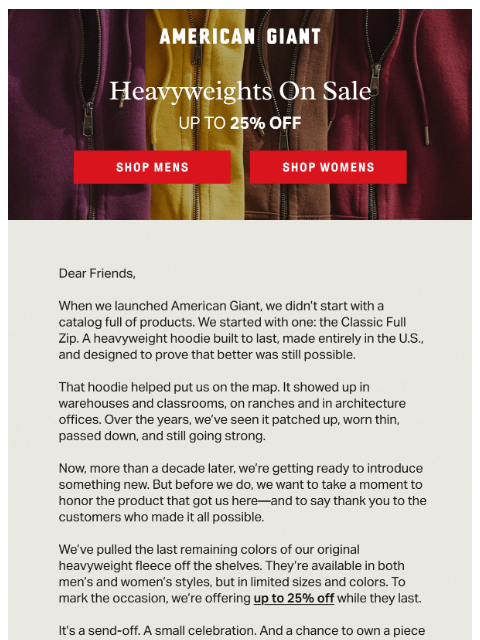 american-giant newsletter: A Hoodie Sale, From Our Founder