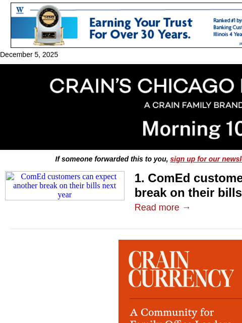 crainalerts newsletter: ComEd customers get a break