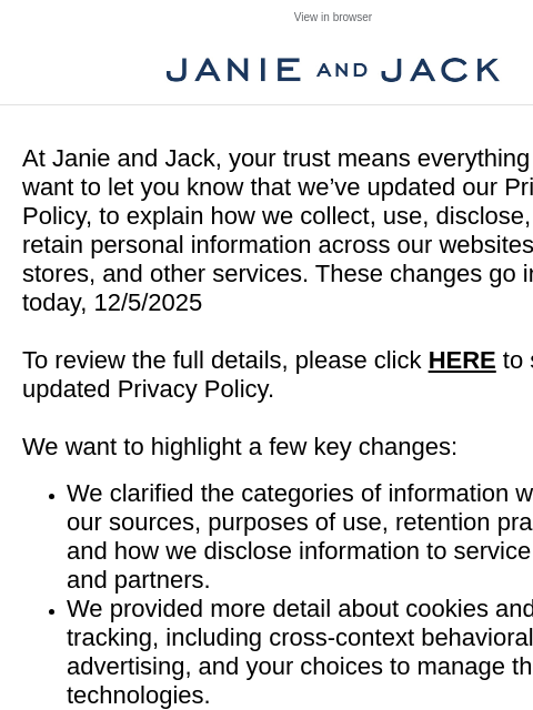 janieandjack newsletter: We’ve updated our privacy policy