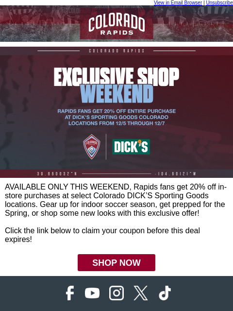thecoloradorapids newsletter: 20% off at DICK’S Sporting Goods just for Rapids F...