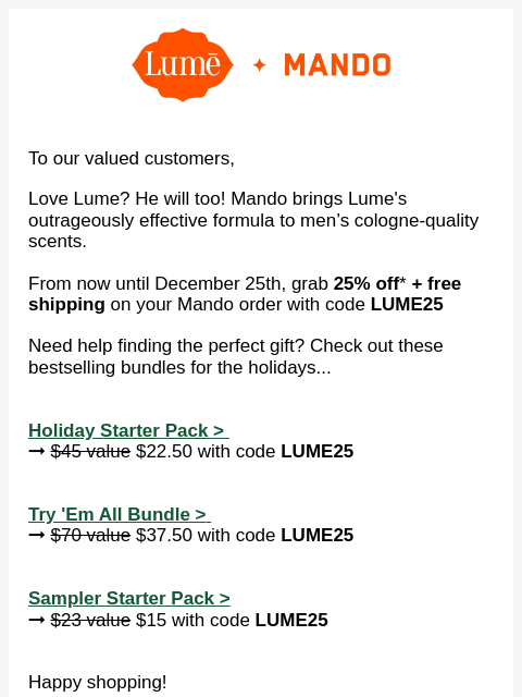 lumedeodorant newsletter: Lume VIP, you've received 25% OFF at Mando! 🙌