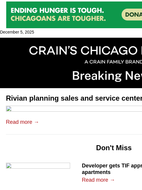 crainalerts newsletter: Rivian planning sales and service center in Northb...
