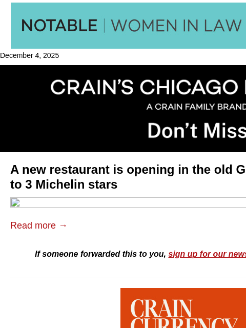 crainalerts newsletter: Fine dining's returning to Grace spot