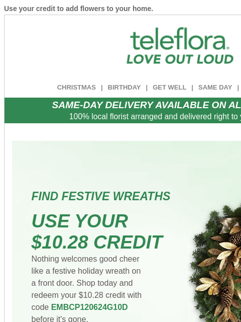 Use your credit to add flowers to your home. View in browser ‌ teleflora CHRISTMAS | BIRTHDAY | GET WELL | SAME DAY | DEAL OF THE DAY SAME-DAY DELIVERY AVAILABLE ON ALL BOUQUETS! 100% local florist