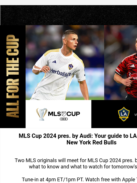 What to know for tomorrow's match MLS Cup LA Galaxy vs NY Red Bulls MLS Cup 2024 pres. by Audi: Your guide to LA Galaxy vs. New York Red Bulls Two MLS originals will meet for MLS Cup 2024 pres. by