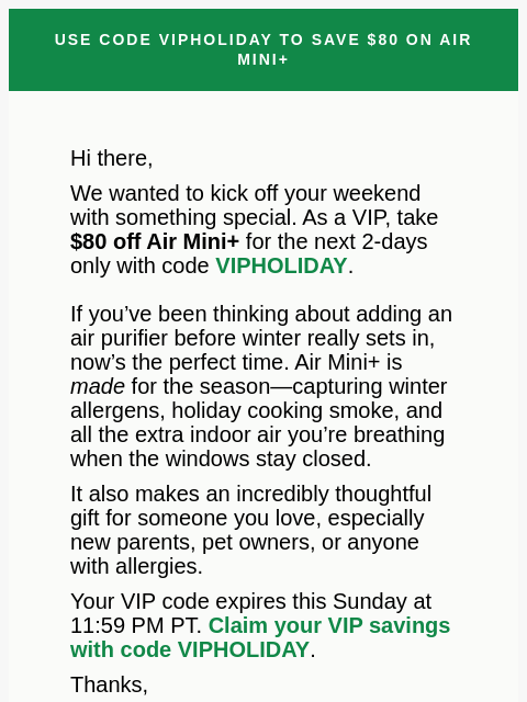 molekule newsletter: Hi VIP, take $80 off Air Mini+ ✨