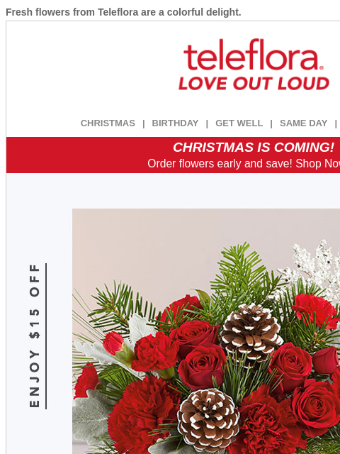 teleflora newsletter: Send a Christmas Classic ❤️💚💛 $15 Off Now