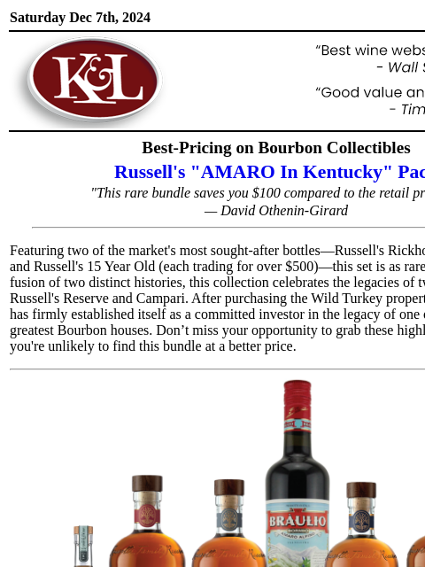 Featuring two of Russel's most sought-after bottles... Saturday Dec 7th, 2024 View in Browser KL-emailheader.gif Best-Pricing on Bourbon Collectibles Russell's "AMARO In Kentucky"