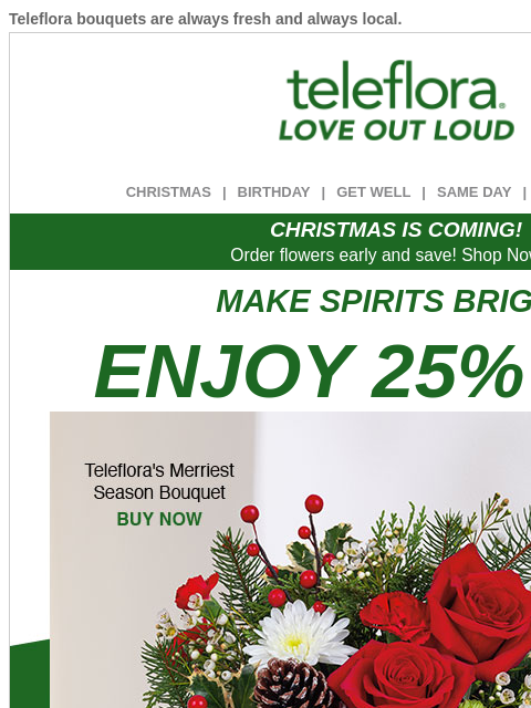 teleflora newsletter: 25% Off Cheery Holiday Bouquets for All🎄🌟
