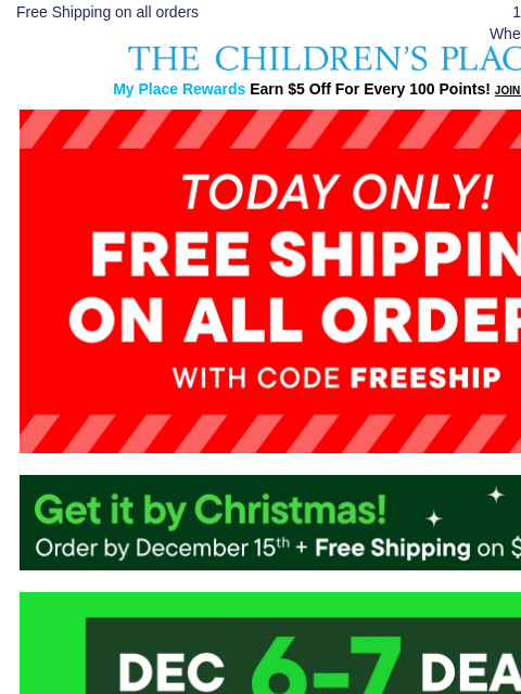 childrensplace newsletter: Free Item! Buy 6, Get 1 + $20 OFF & FREE SHIPPING�...