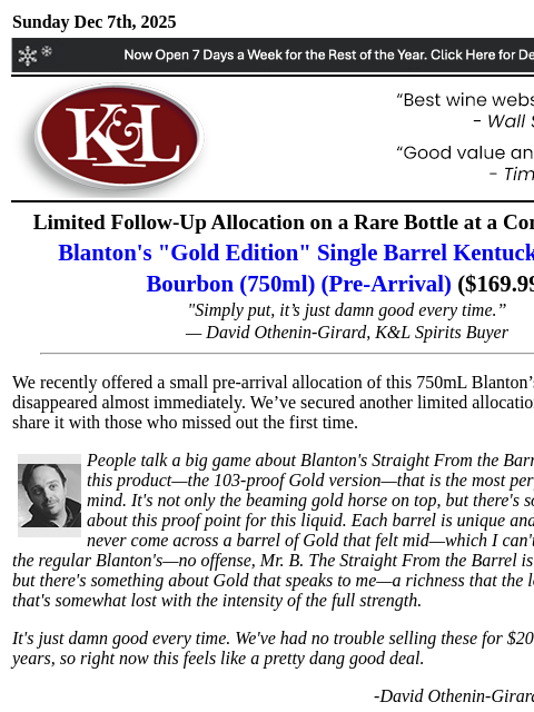 klwines newsletter: Rare Blanton’s Gold 750ml: Limited Follow-Up Alloc...