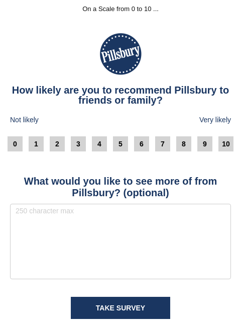 On a Scale from 0 to 10 ... Pillsbury How likely are you to recommend Pillsbury to friends or family? * Not likely Very likely 0 1 2 3 4 5 6 7 8 9 10 What would you like to see more of from Pillsbury?