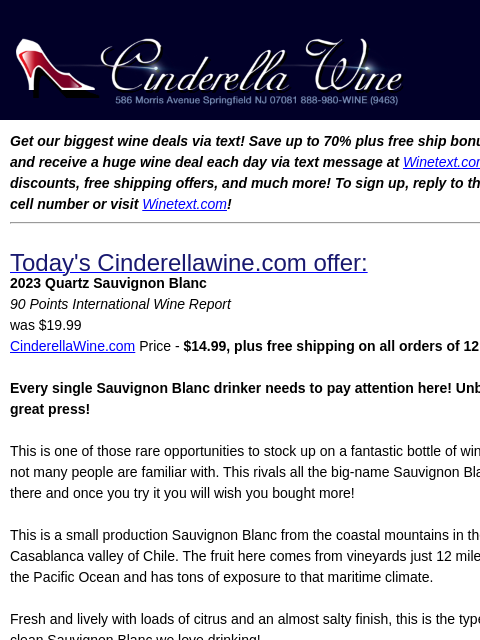 winelibrary newsletter: 2023 Quartz Sauvignon Blanc (90 IWR)  Free Ship on...