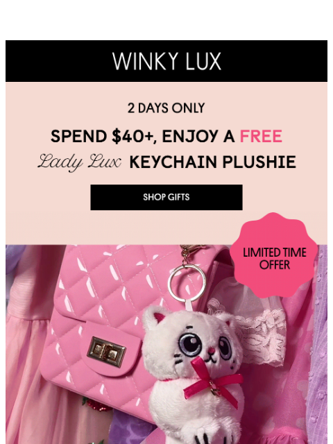 winkylux newsletter: FREE Lady Lux Keychain Plushie With Every $40+ Ord...
