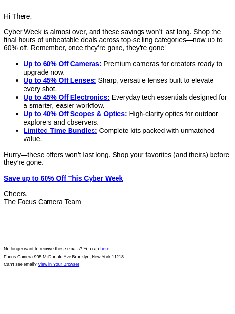 focuscamera newsletter: Last Call: Cyber Week Savings ⚡ Up to 60% Off