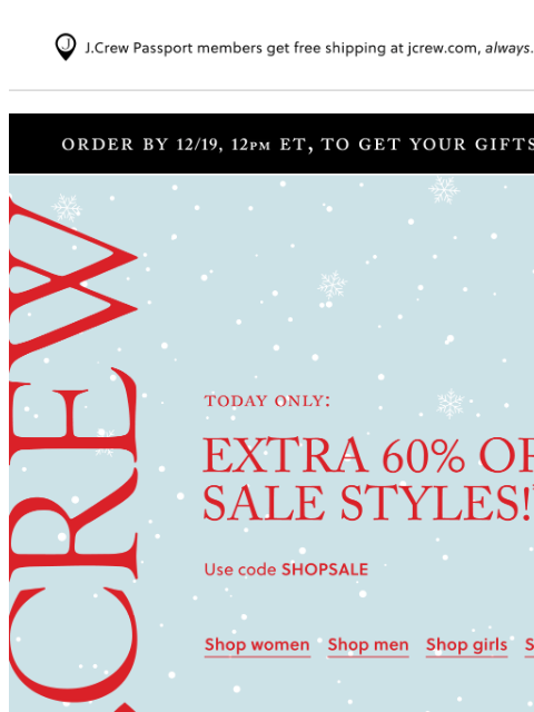 jcrew newsletter: Today only: extra 60% off sale styles!