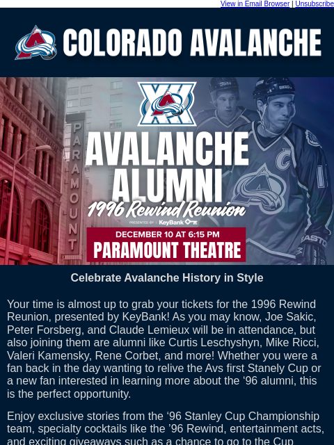 thecoloradoavalanche newsletter: ⛰️Last Chance to Relive the ‘96 Stanley Cup Glory
