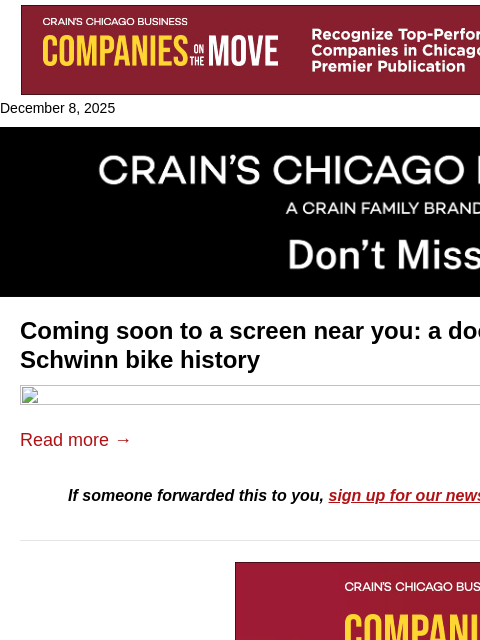 crainalerts newsletter: Chicago’s Schwinn legacy