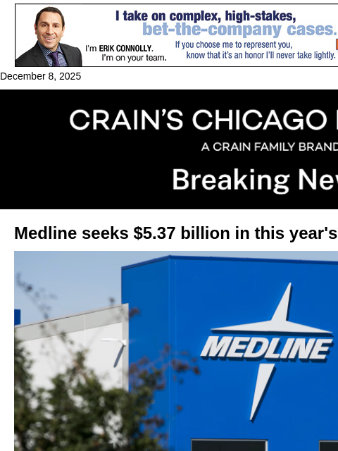 crainalerts newsletter: Medline seeks $5.37B in this year's biggest IPO