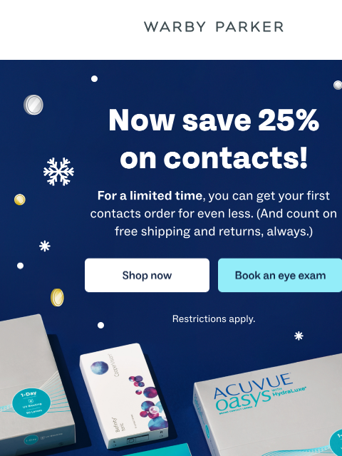 warbyparker newsletter: Your contacts are 25% off now