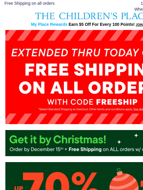 childrensplace newsletter: EXTENDED! Free Shipping w/code FRESHIP + $20 Off $...