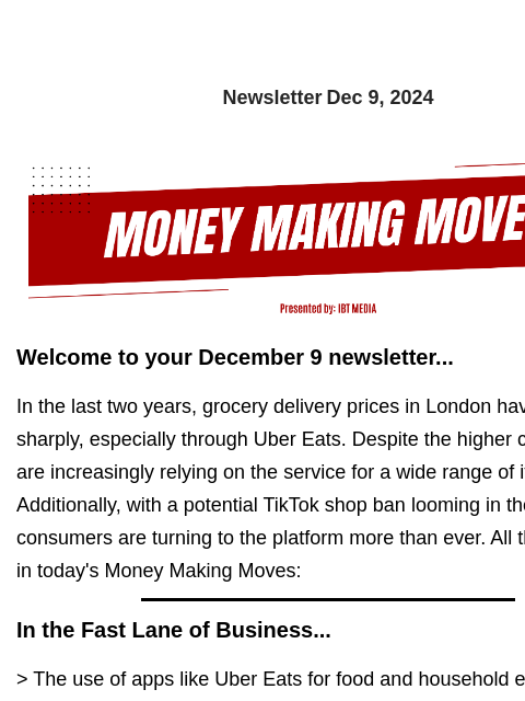 Newsletter Dec 9, 2024 Welcome to your December 9 newsletter... In the last two years, grocery delivery prices in London have risen sharply, especially through Uber Eats. Despite the higher costs,