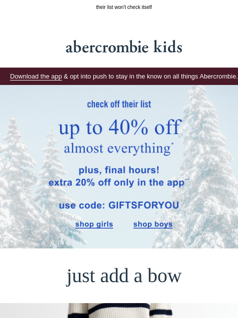 abercrombie newsletter: ending soon: extra 20% OFF in the app