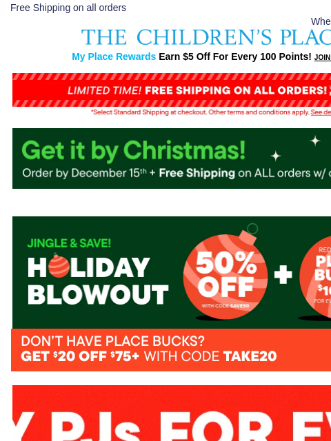 childrensplace newsletter: $6.99 & Up Cozy PJs + $20 off your order & FREE SH...