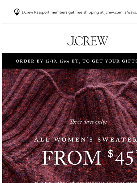 jcrew newsletter: Three days only: all women’s sweaters from $45