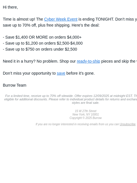 burrow newsletter: Ending TONIGHT: Up to 70% Off + Free Shipping