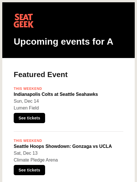 seatgeek newsletter: Indianapolis Colts at Seattle Seahawks/Seattle Hoo...
